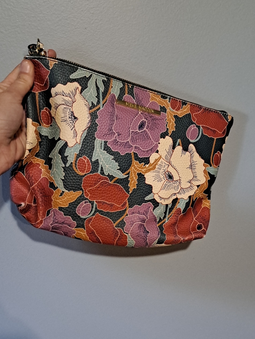 Steve Madden Black Floral Zip Pouch with Red and Purple Blooms